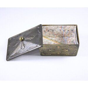 Small metal trinket box, watch box, jewelry casket lined with map